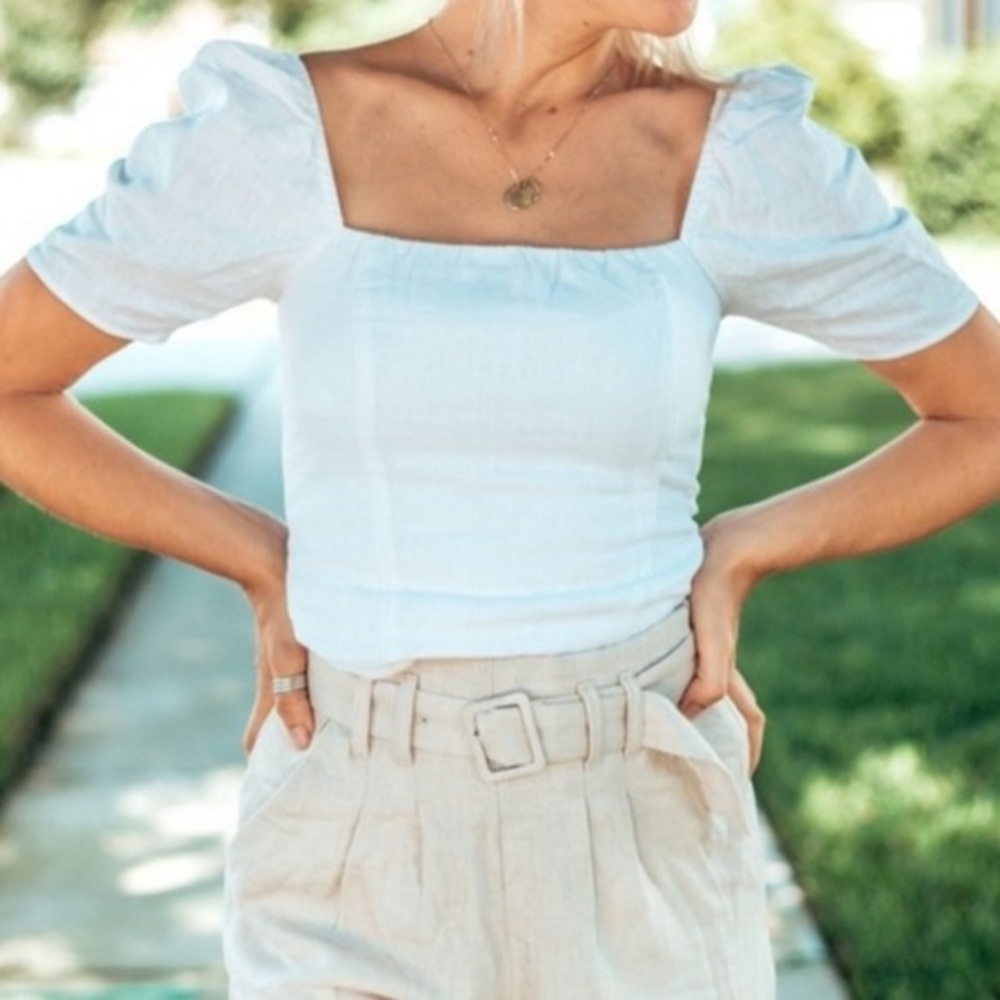 Abercrombie Linen Blend Puff Sleeve Crop Top